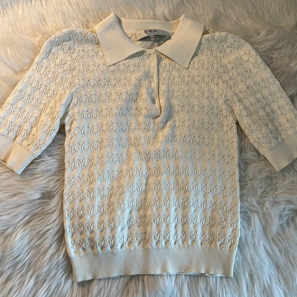 Sea Knit Polo Pointelle Sweater, Cream